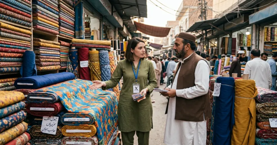 Pakistani entrepreneur sourcing cotton fabric from a textile market in Faisalabad