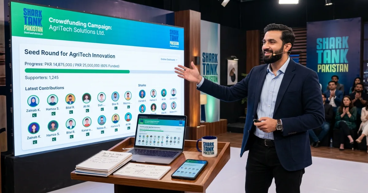 Crowdfunding Pakistan concept illustration showing a Pakistani entrepreneur presenting a campaign online