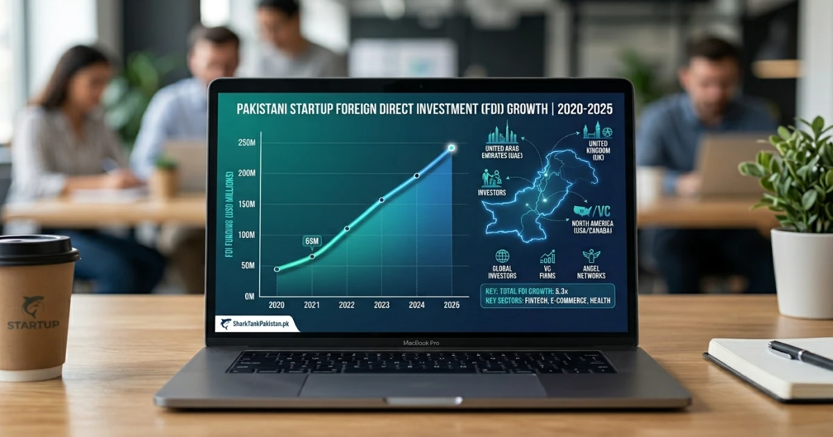 Chart showing foreign direct investment growth for FDI Pakistan startups from 2020 to 2025, with media show appearances correlated