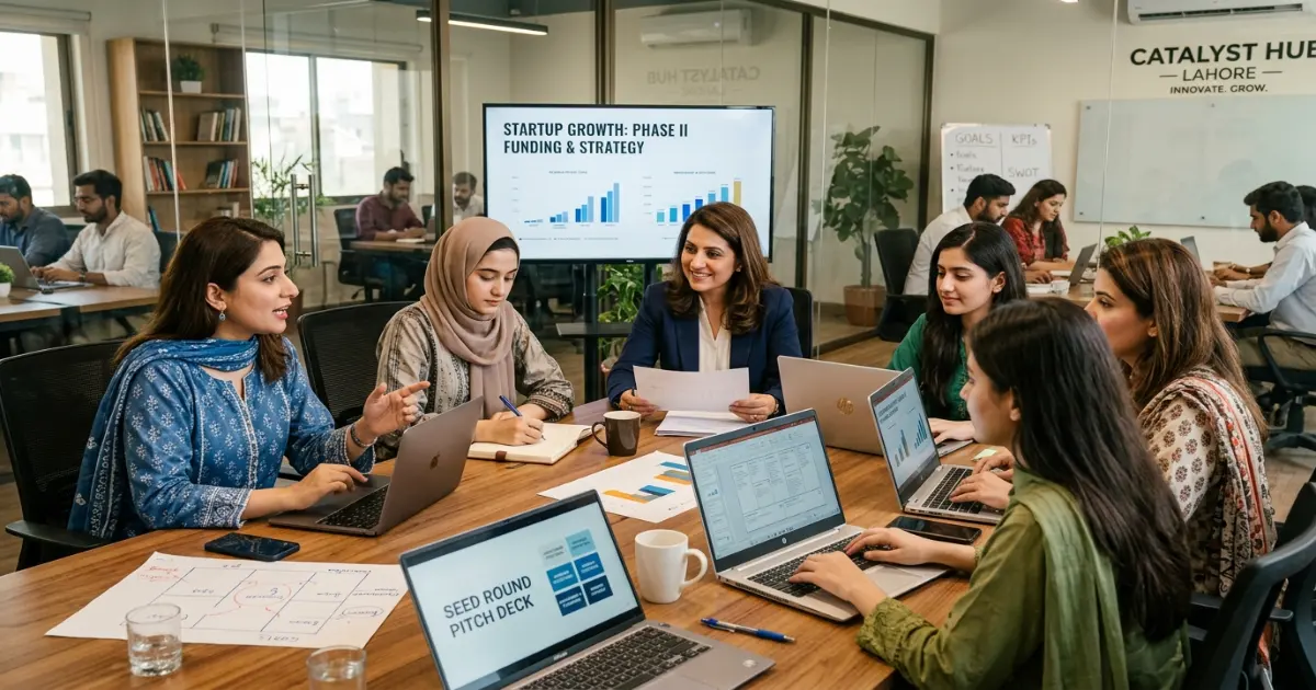 Woman entrepreneur presenting her startup valuation to a panel of judges on Shark Tank Pakistan