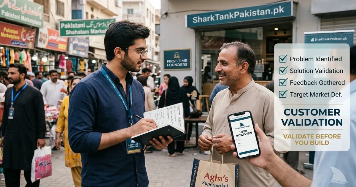 Pakistani first-time founder conducting customer validation interview in Lahore market