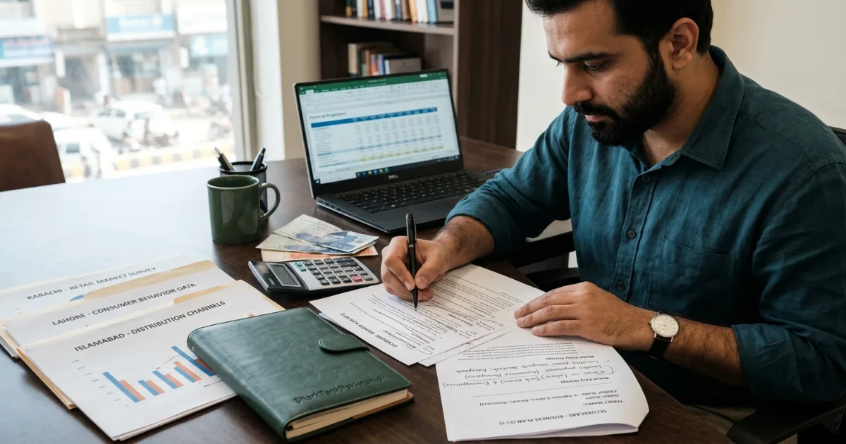 Pakistani founder editing a document with a red pen, crossing out AI-generated text