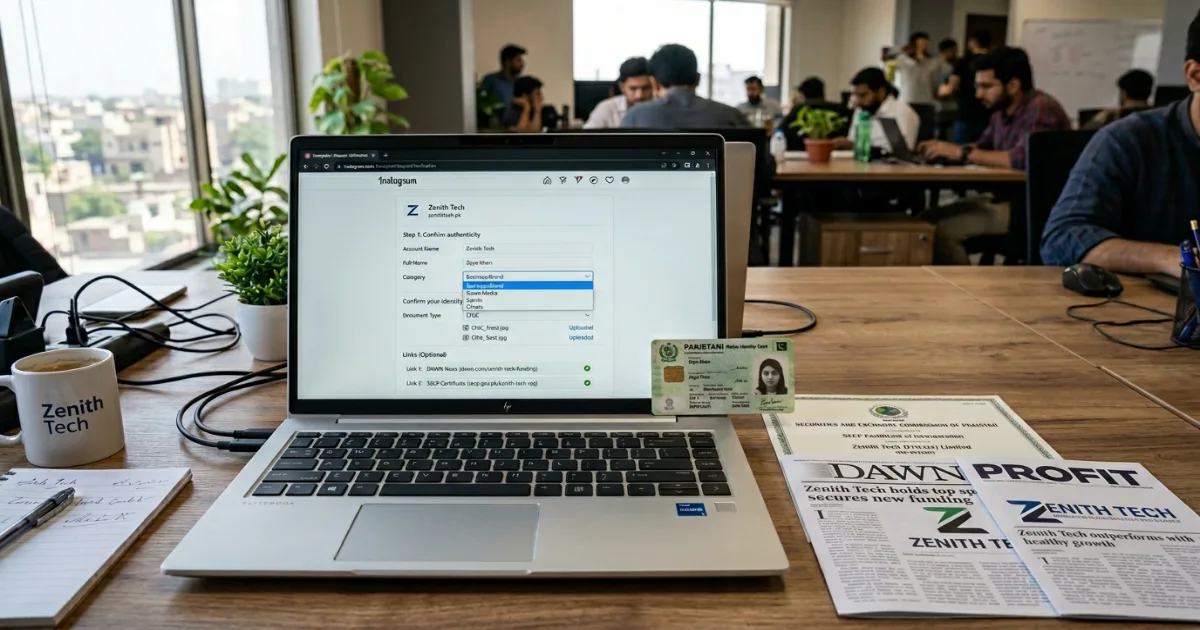 Instagram verification application form filled out for a Pakistani startup with business category selected