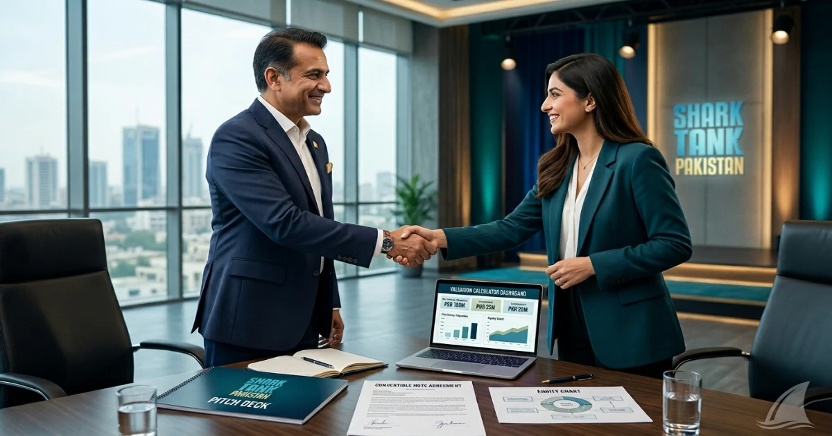 A Pakistani expat investor shaking hands with a founder on Shark Tank Pakistan, highlighting how to invest in Pakistani startups from abroad