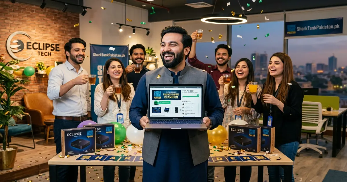 Pakistani entrepreneur celebrating a successful crowdfunding campaign with backers