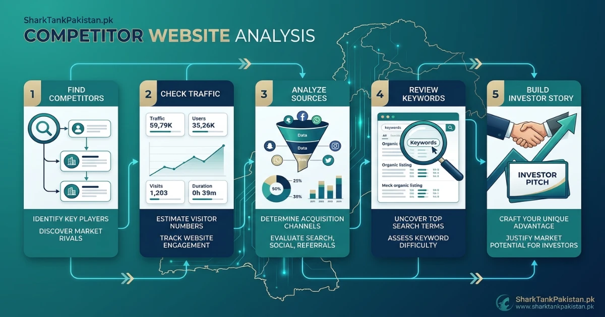 Pakistani founder reviewing competitor traffic charts on laptop