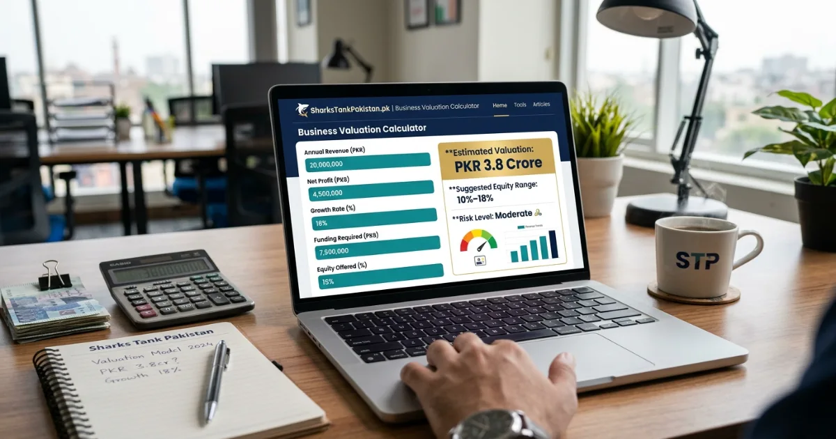 Business valuation calculator Pakistan interface showing revenue input and equity output