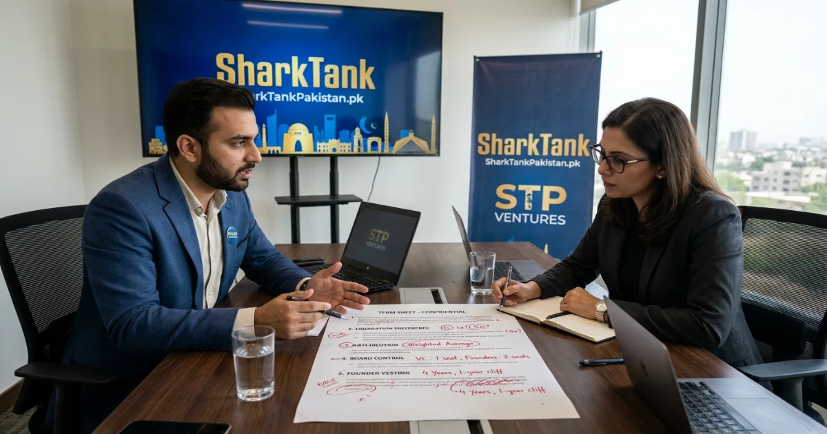 Pakistani startup founder and investor reviewing a term sheet together at a meeting table in Lahore