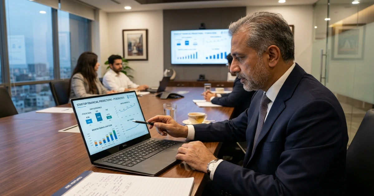 Pakistani investor reviewing business plan financial projections with unit economics focus