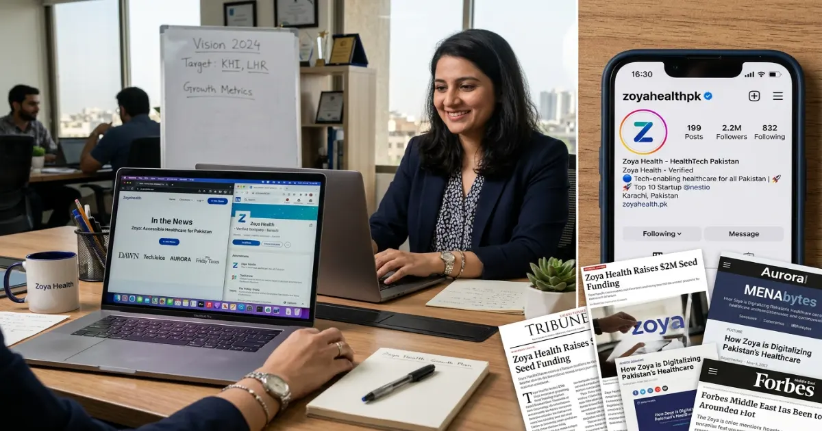 Pakistani startup Instagram profile with verification badge alongside media coverage screenshots