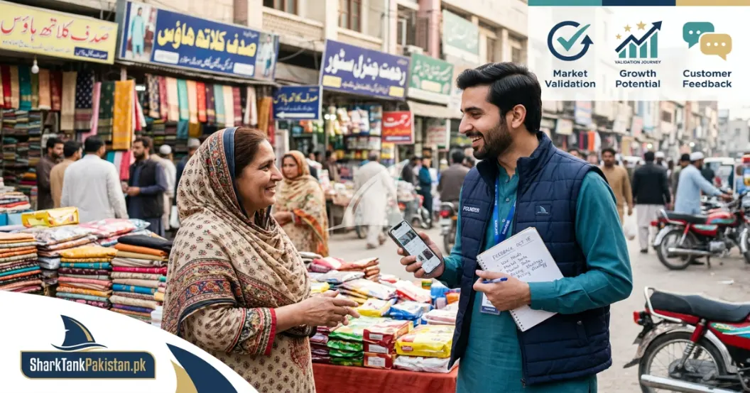Entrepreneur speaking with a small retailer in Rawalpindi market