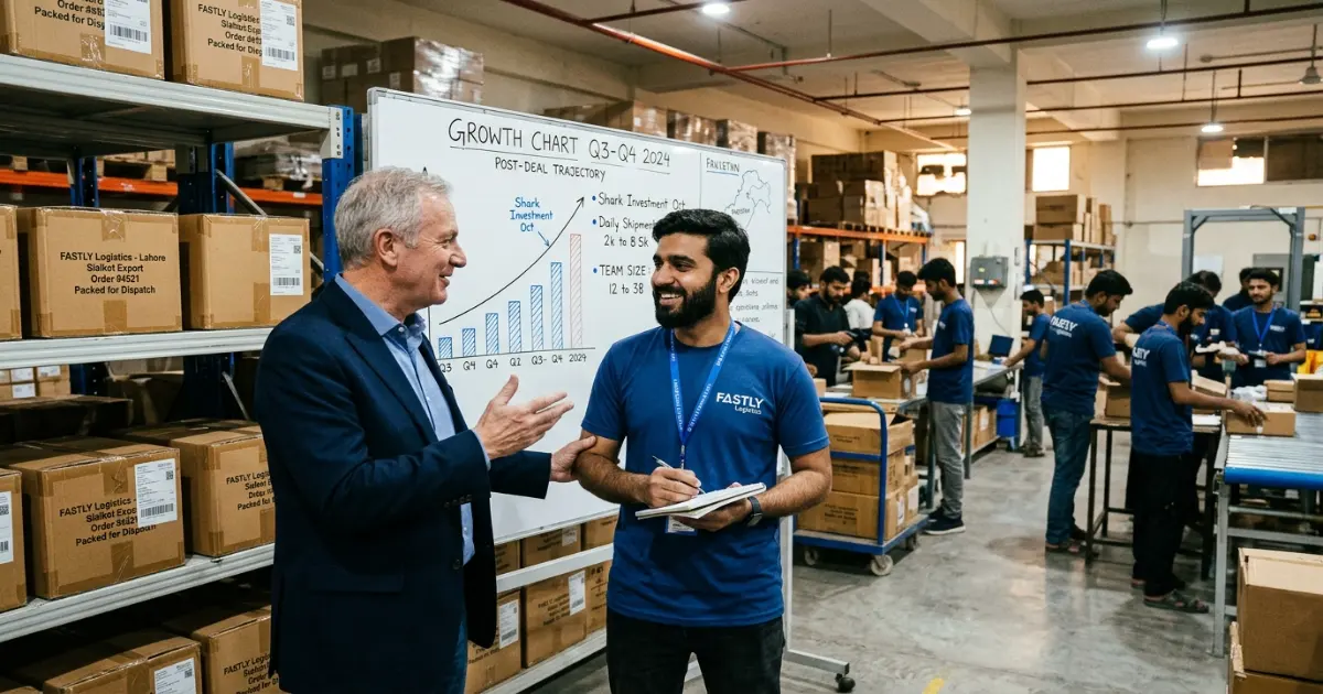 A Shark mentoring a founder in a warehouse setting, symbolizing post-deal support