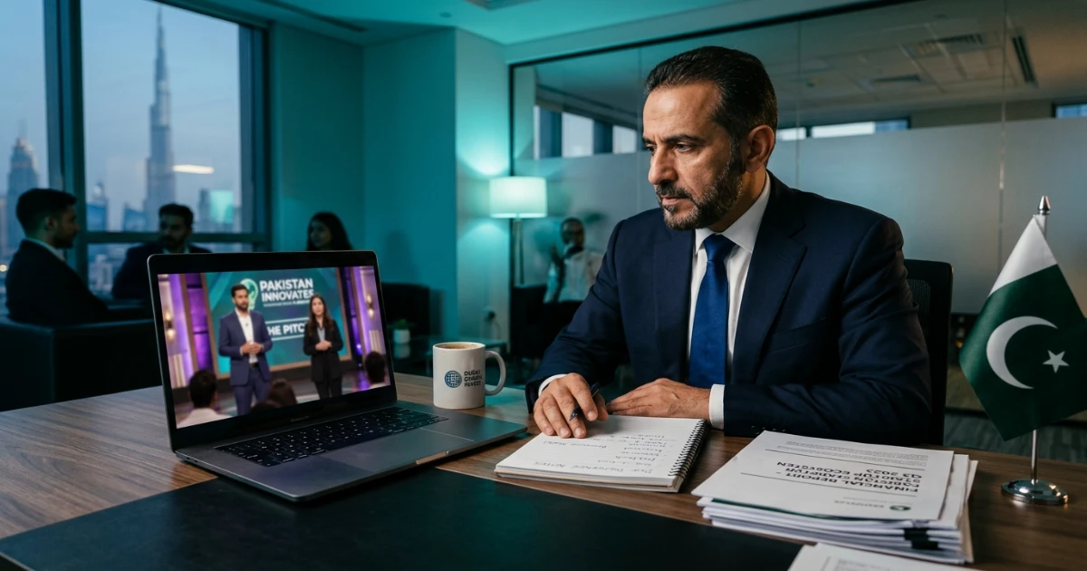 Foreign direct investment Pakistan startups scene showing a Gulf-based investor watching Shark Tank Pakistan on a laptop