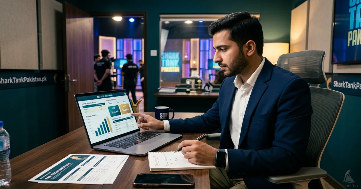 First-time founder preparing pitch backstage at Shark Tank Pakistan with notes and valuation calculator