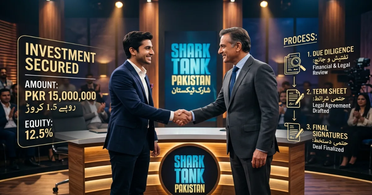 Shark Tank Pakistan contestant shaking hands with a Shark after agreeing to terms on stage