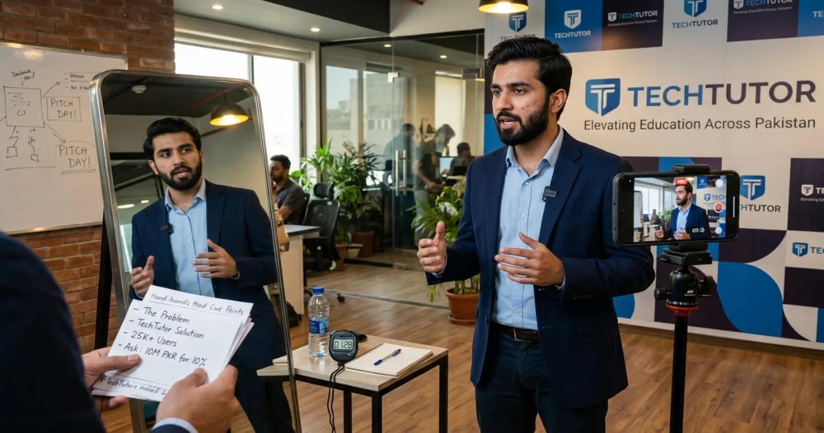 Pakistani entrepreneur rehearsing pitch for Shark Tank Pakistan checklist with timer and cue cards