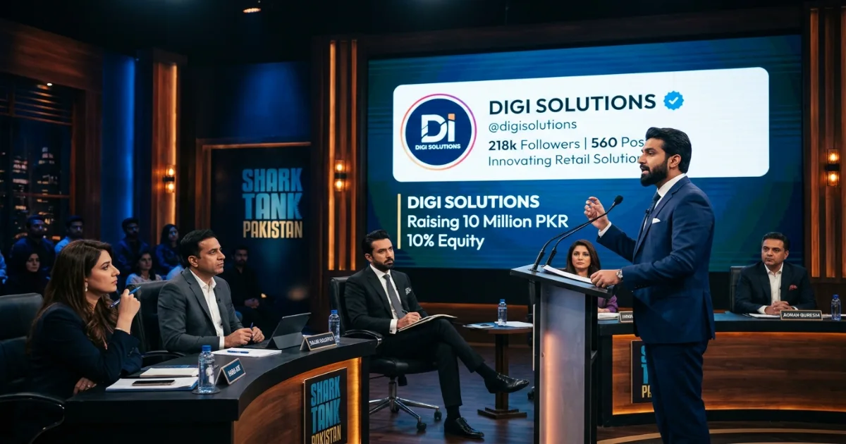 Pakistani founder pitching startup on Shark Tank Pakistan with verified Instagram profile displayed