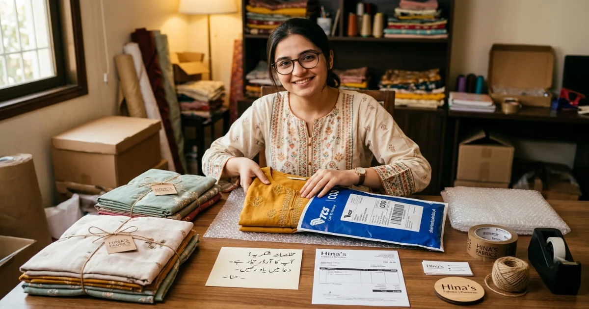 Pakistani entrepreneur packing an order for social commerce Pakistan delivery with personalized thank-you note