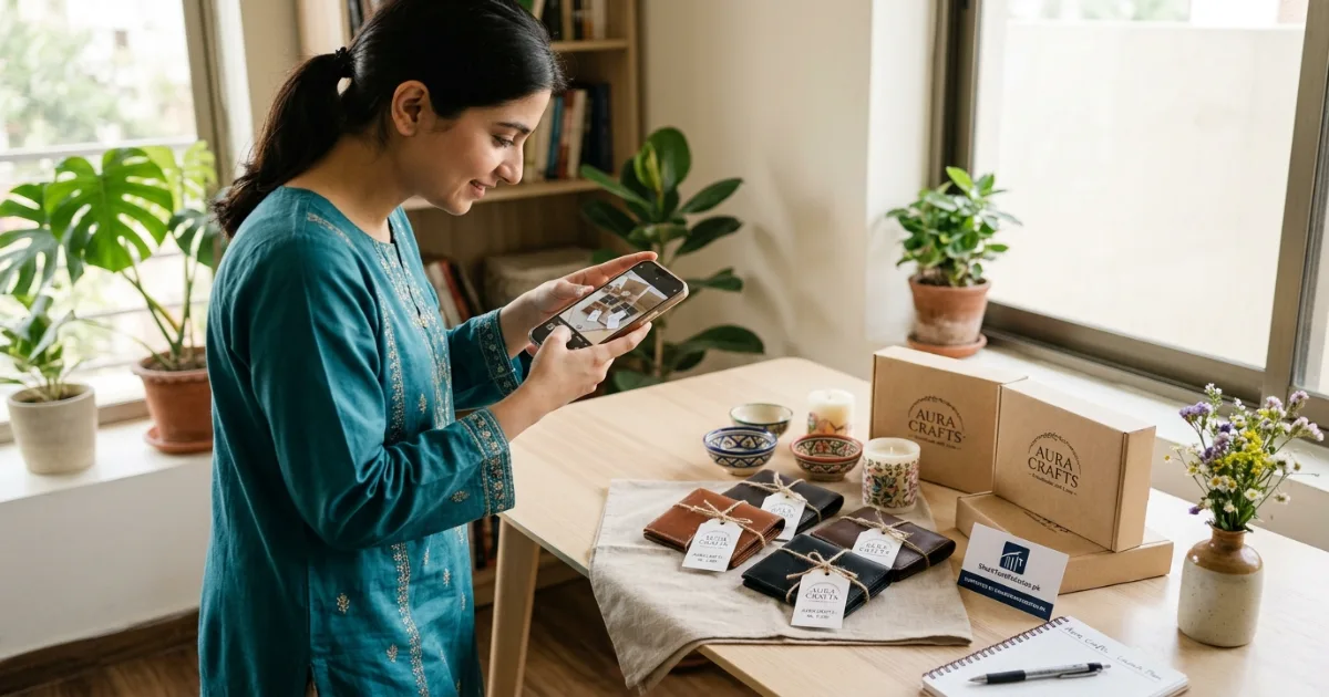 Pakistani woman capturing product photography for her social commerce Pakistan store using a smartphone