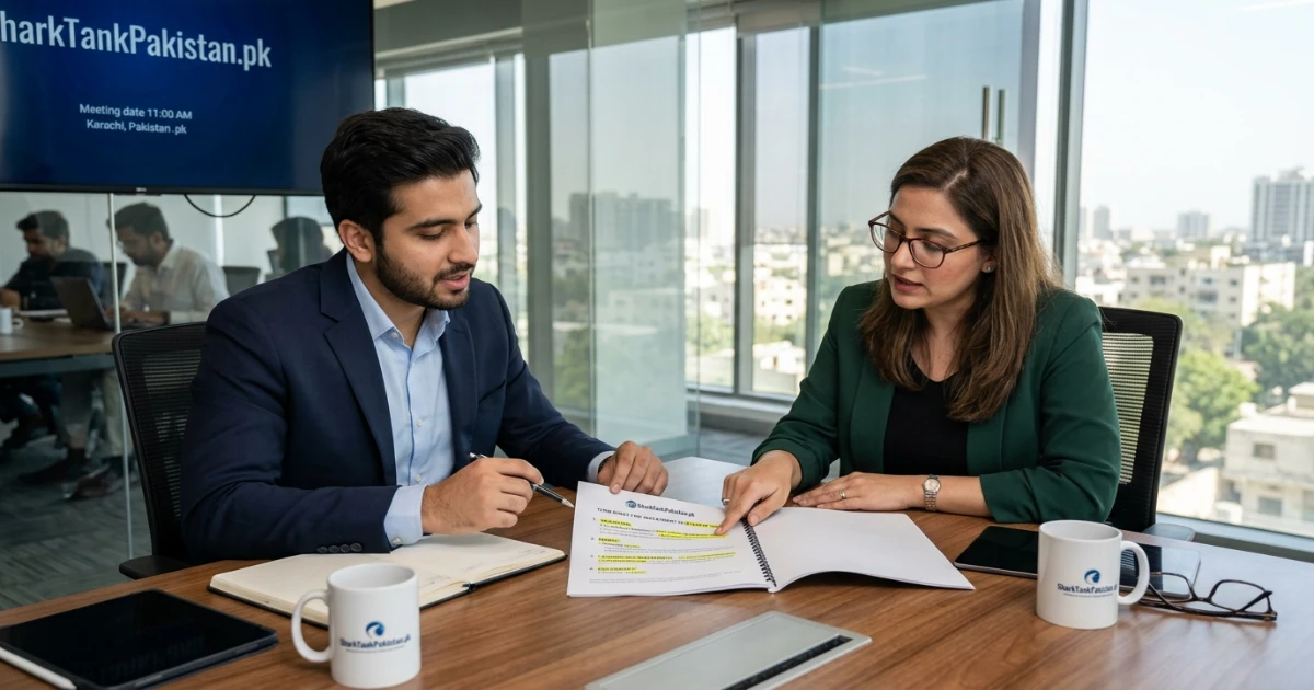 Pakistani startup founder reviewing a term sheet document with legal advisor