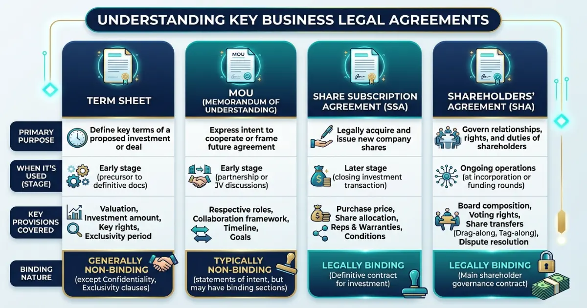 Side-by-side comparison of a term sheet and a final share subscription agreement for Pakistani startups