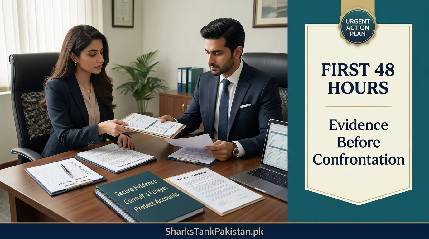 Pakistani entrepreneur discussing business partner fraud case with lawyer in office