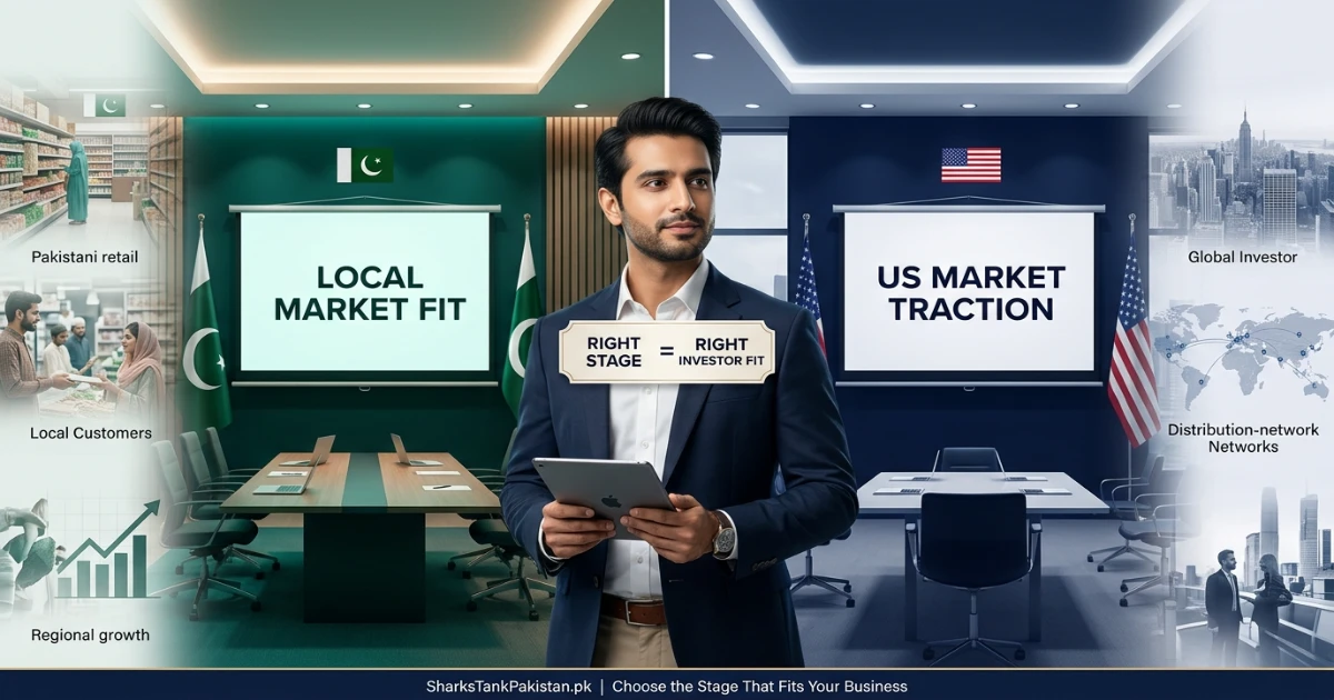 Comparison of a Pakistani entrepreneur presenting on Shark Tank Pakistan versus a US stage with different audience expectations