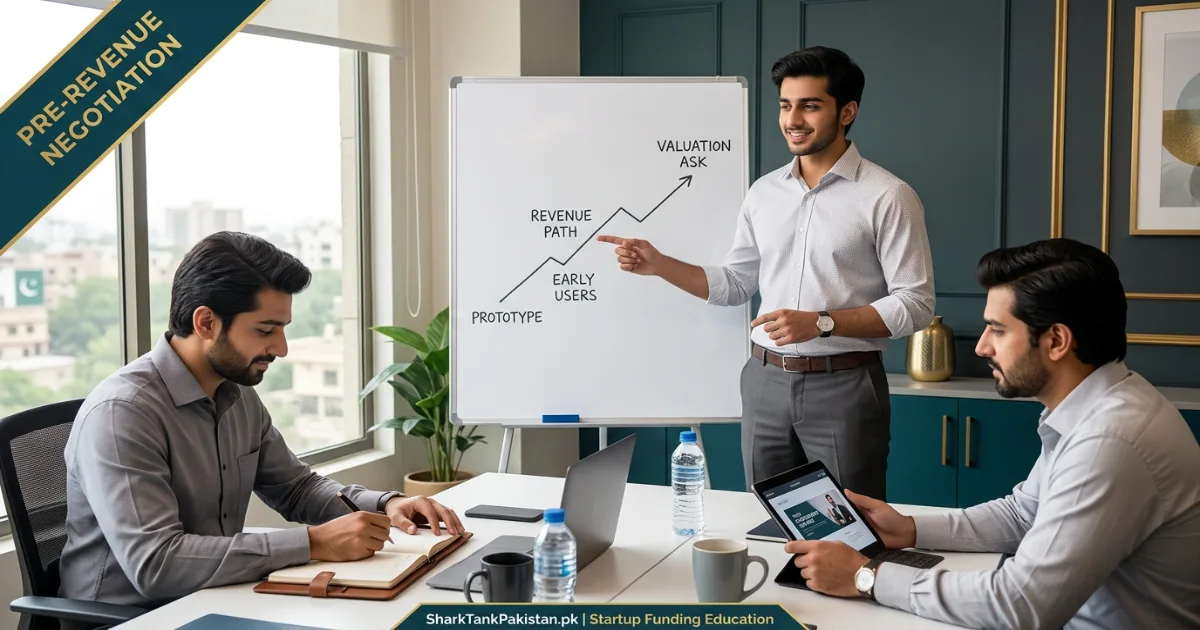 Founder explaining financial projections on a whiteboard to an investor