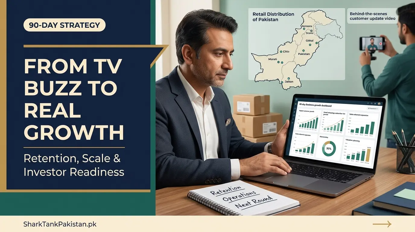 Pakistani founder reviewing long-term business growth, retention and customer communication after Shark Tank exposure