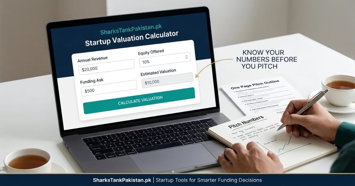 Screenshot of SharkTankPakistan.pk valuation calculator showing inputs for a Pakistani startup