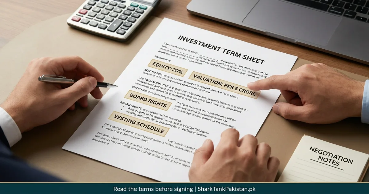 Close-up of a term sheet highlighting equity percentage, vesting, and board rights