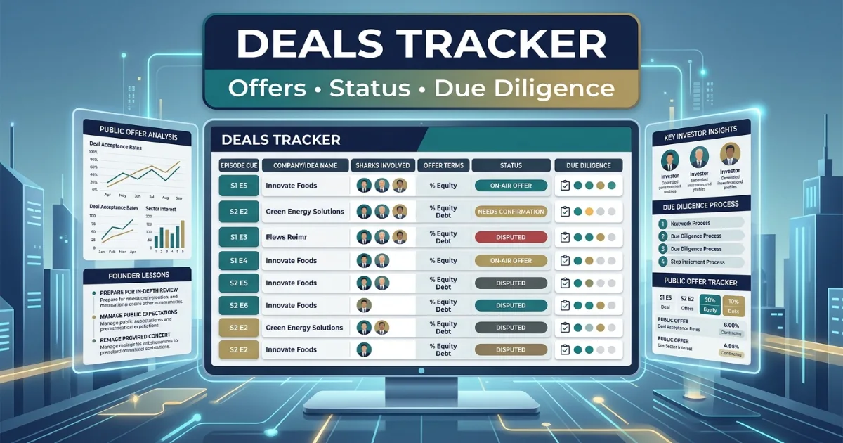Shark Tank Pakistan Deals Tracker infographic showing offers, due diligence and founder lessons