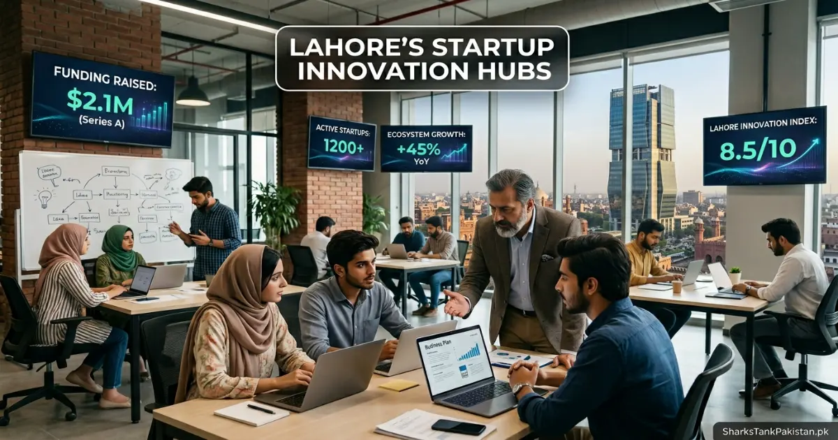 Lahore startup ecosystem illustration showing technology founders, coworking areas and innovation hubs