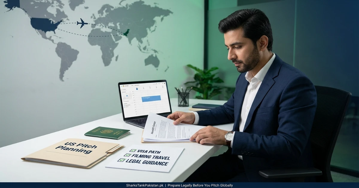 Pakistani entrepreneur preparing documents for US visa application to pitch on Shark Tank US