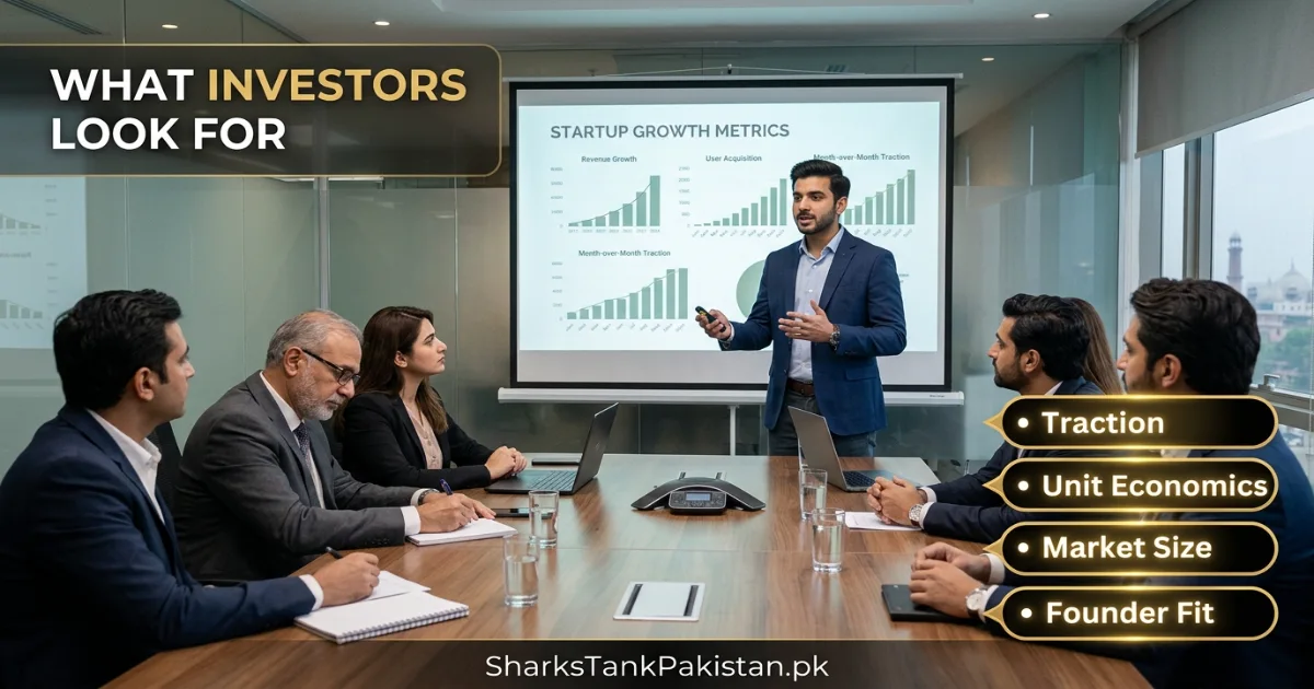 Pakistani technology startup founder presenting customer traction, unit economics and funding ask to investors