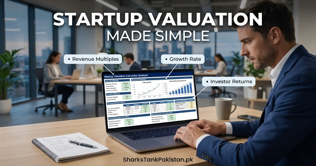 Startup valuation calculator dashboard evaluating revenue, growth rate and investor equity for a Lahore technology business