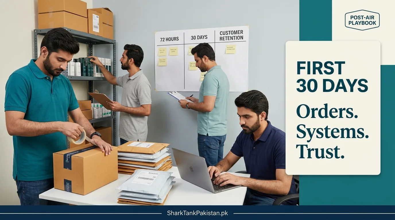 Pakistani startup team managing orders and customer support during the first 30 days after Shark Tank exposure