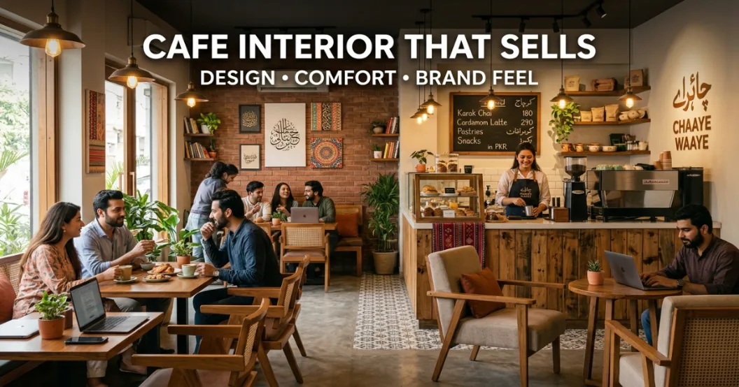 Modern café interior in Pakistan with warm lighting and local art