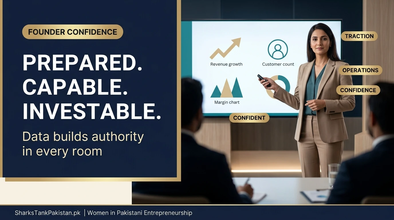 Pakistani female founder confidently presenting during a Shark Tank Pakistan deal pitch