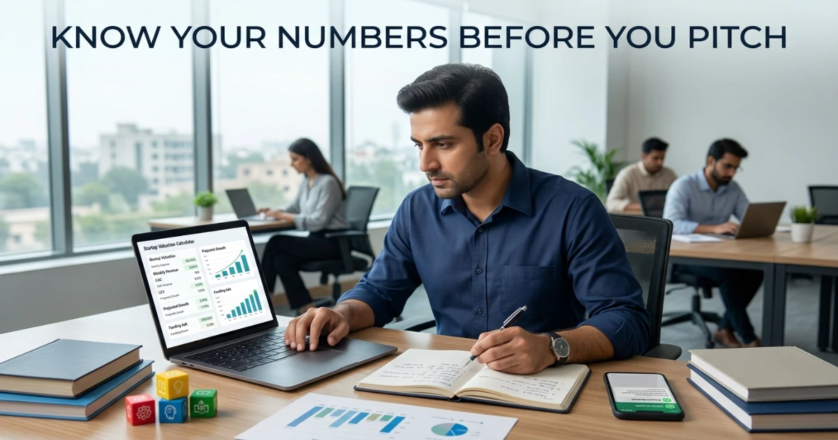 Pakistani EdTech business Pakistan founder reviewing valuation calculator results on a laptop with growth charts