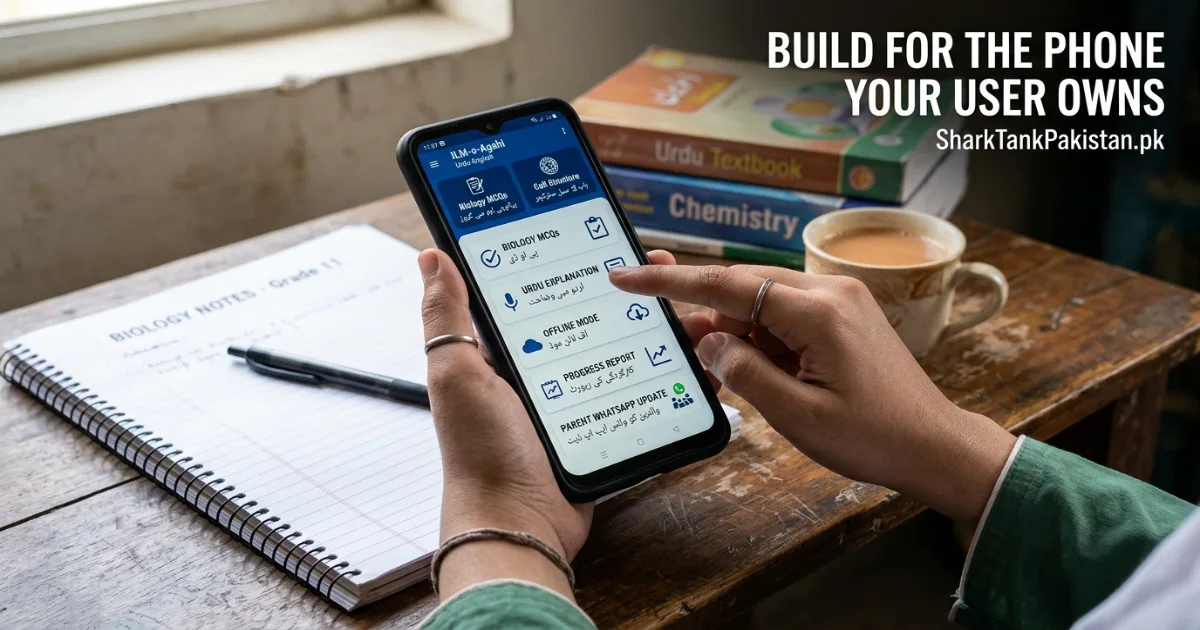 Mobile-first EdTech business Pakistan app interface showing Urdu-English bilingual learning modules