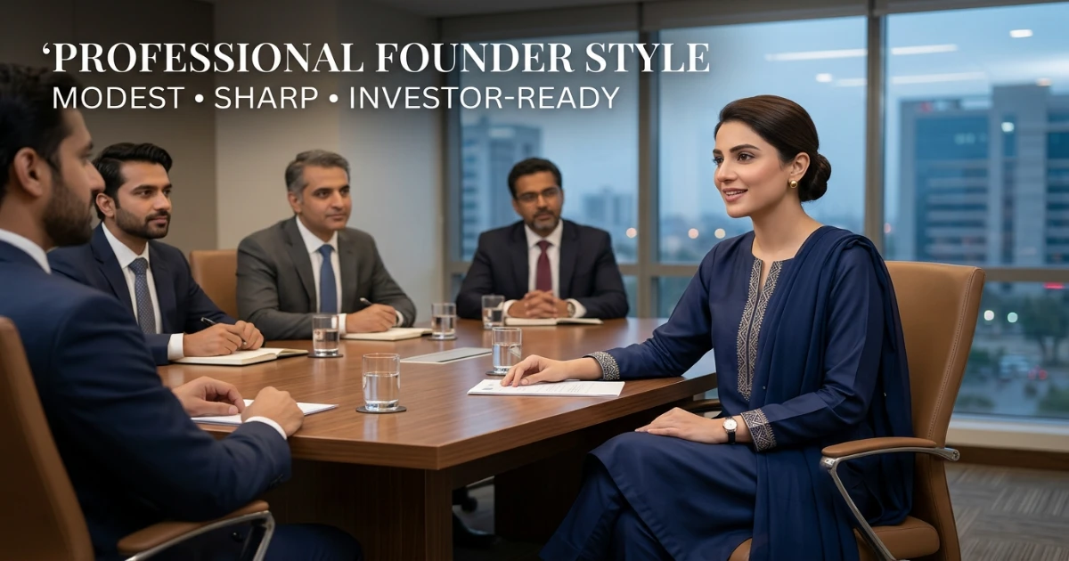 Female entrepreneur in a structured shalwar kameez with minimal accessories at a business meeting