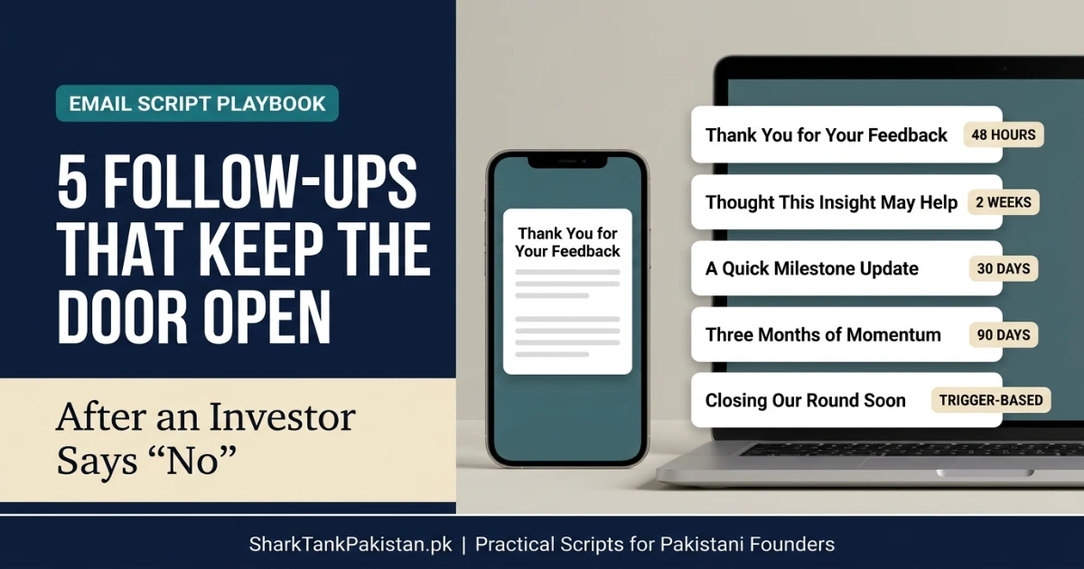 Five follow-up after a pitch rejection email scripts displayed for Pakistani startup founders