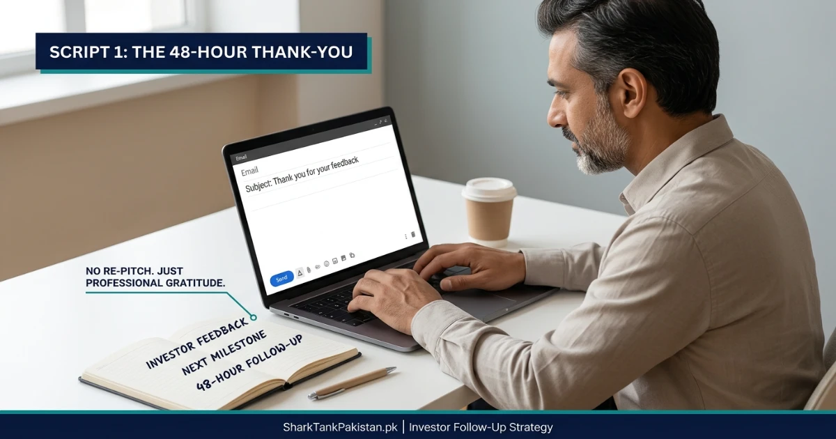 Pakistani founder writing a follow-up after a pitch rejection email with investor feedback notes