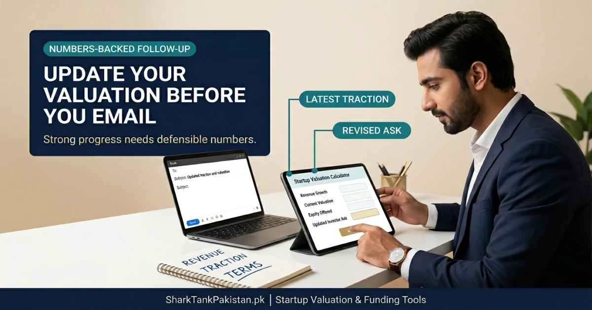 Pakistani founder checking valuation numbers before sending an investor follow-up email