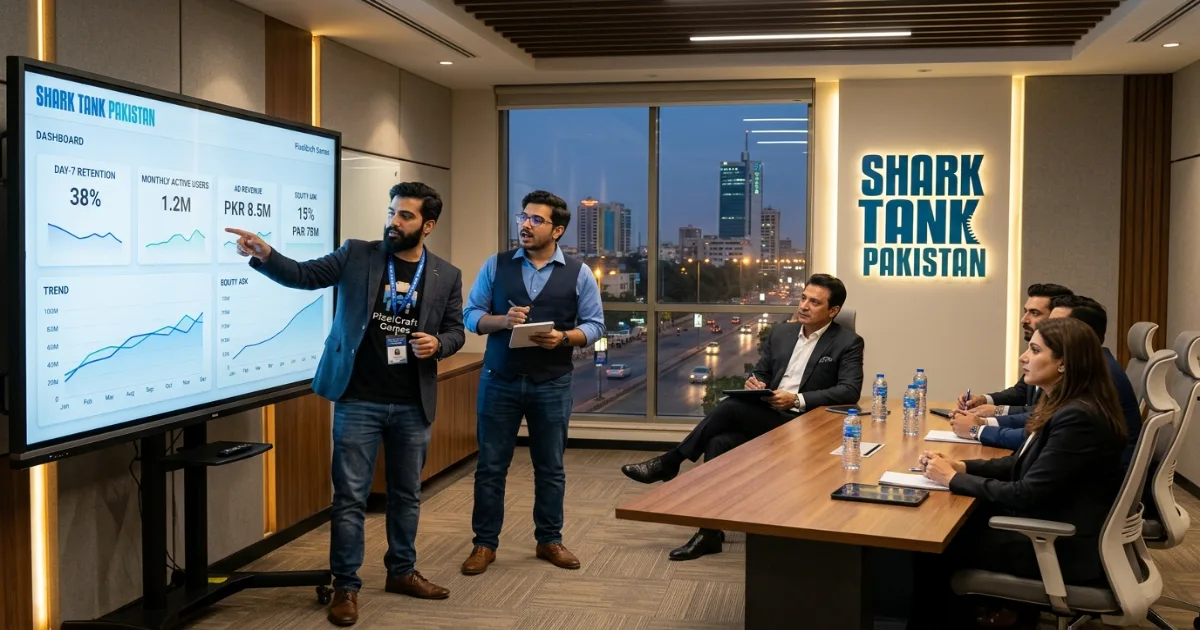 Pakistani game studio founders presenting their pitch deck to investors in a Karachi meeting room