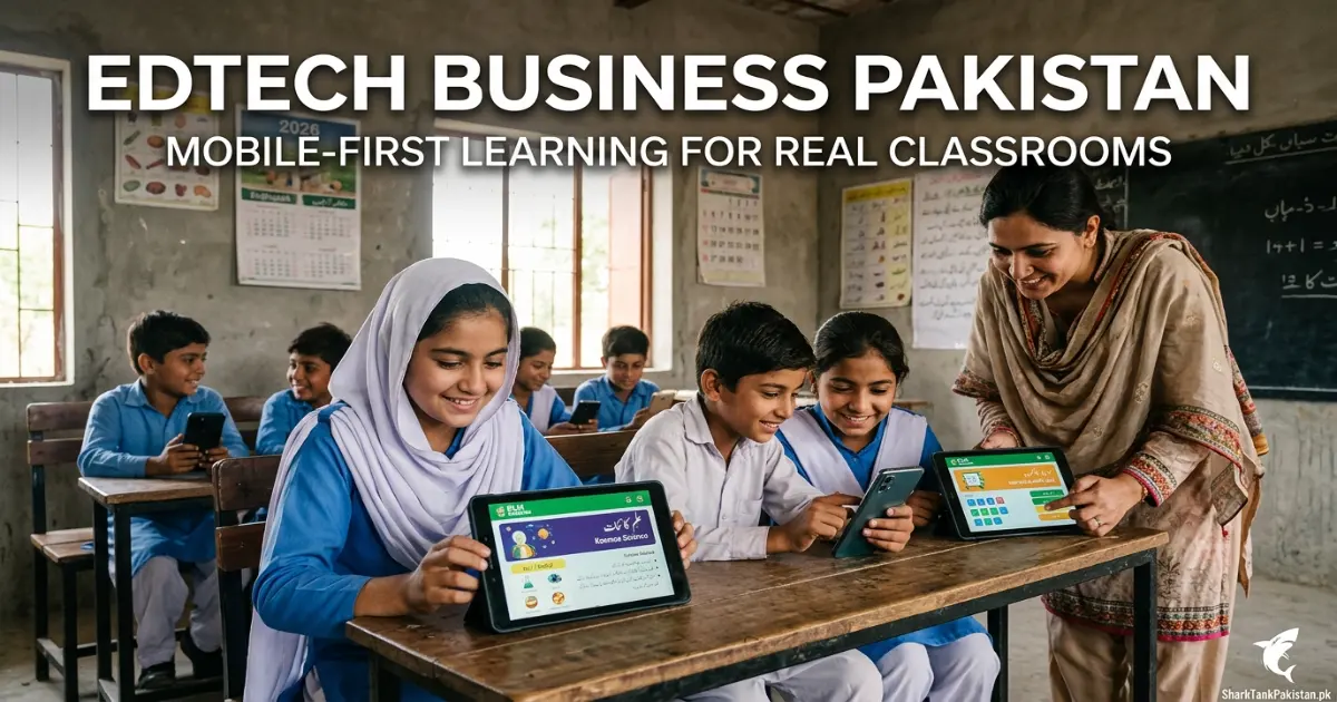 Pakistani students using a mobile EdTech business Pakistan platform in a low-resource classroom