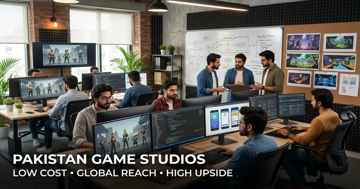 Pakistani game developers working at computers in a Lahore gaming studio with concept art on the walls