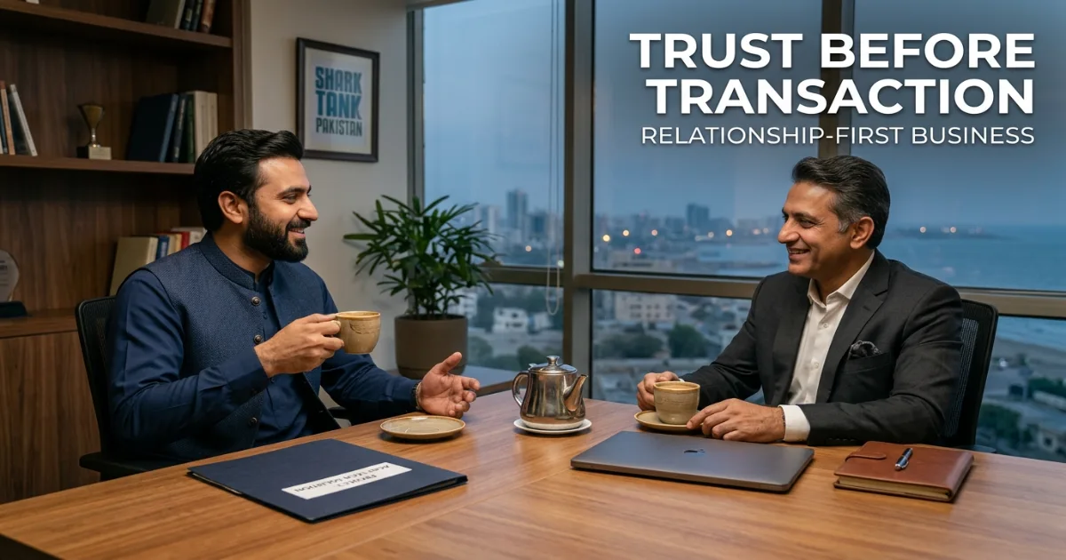 Persuasion in business Pakistan shown through two entrepreneurs sharing tea in a Karachi office before a formal meeting