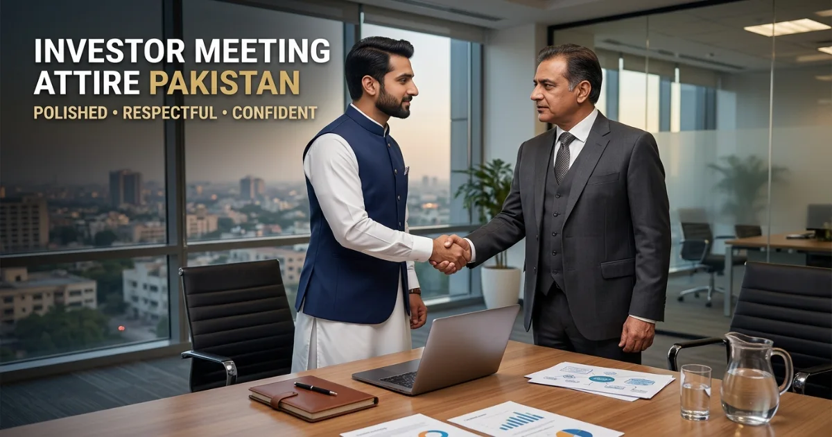 Pakistani entrepreneur in a smart shalwar kameez shaking hands with an investor in a formal office